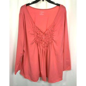 LANE BRYANT Womens Size 22/24 Coral Pink Ruffled V-Neck Lightweight Jersey Top
